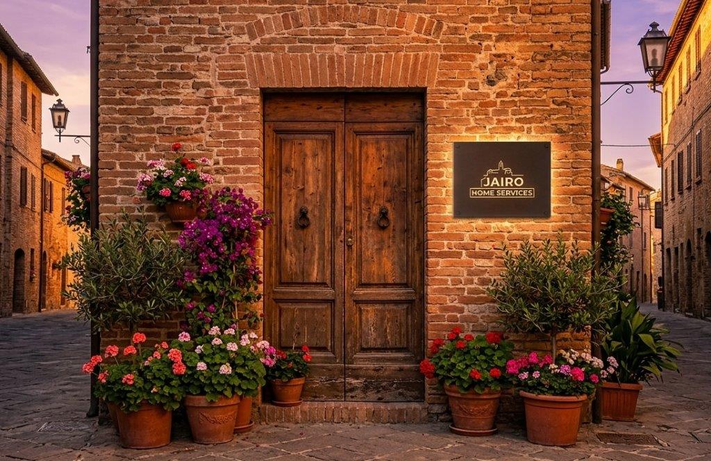 Targa artigianale in ottone brunito installata sulla parete in pietra di un antico edificio in un borgo storico.